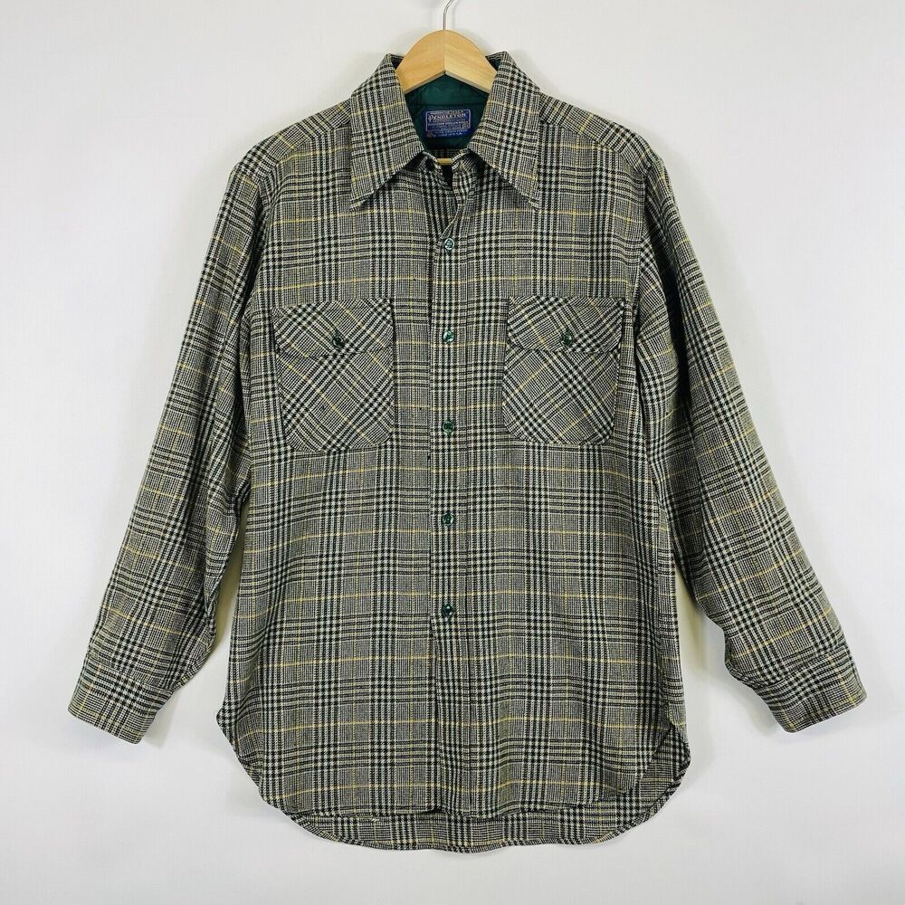 Pendleton Vintage 60s 70s Green Plaid Long Sleeve Virgin Wool Shirt Mens Medium
